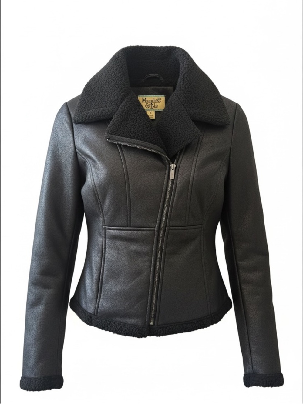 Maralyn & Me Black Faux Leather Shearling-Trim Moto Jacket New NWT